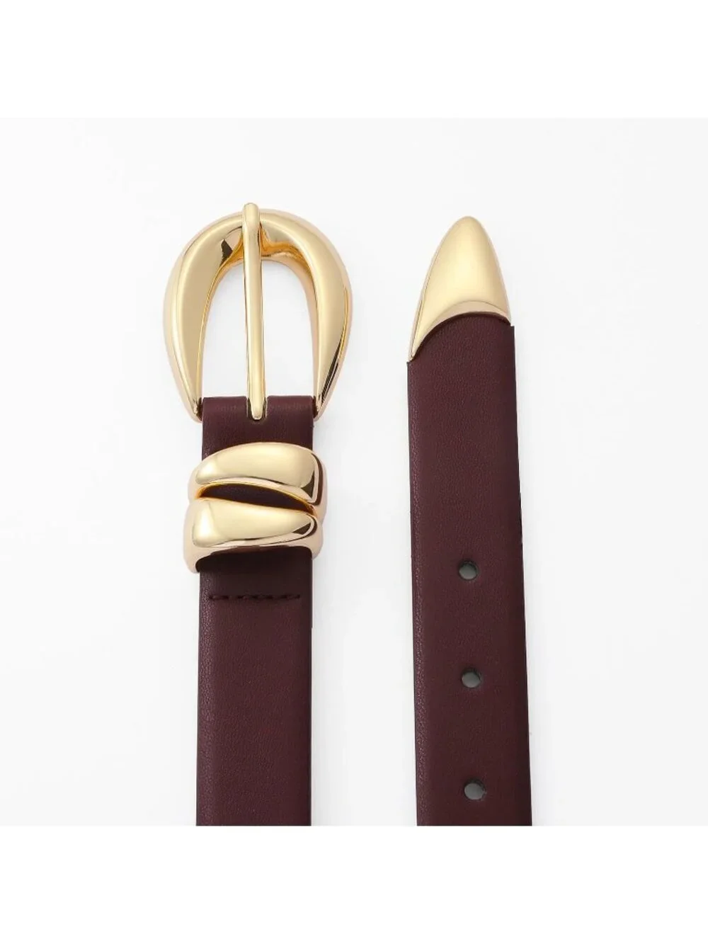 Women's Burgundy Leather Adjustable Waist Belt For Jeans With Gold Buckle